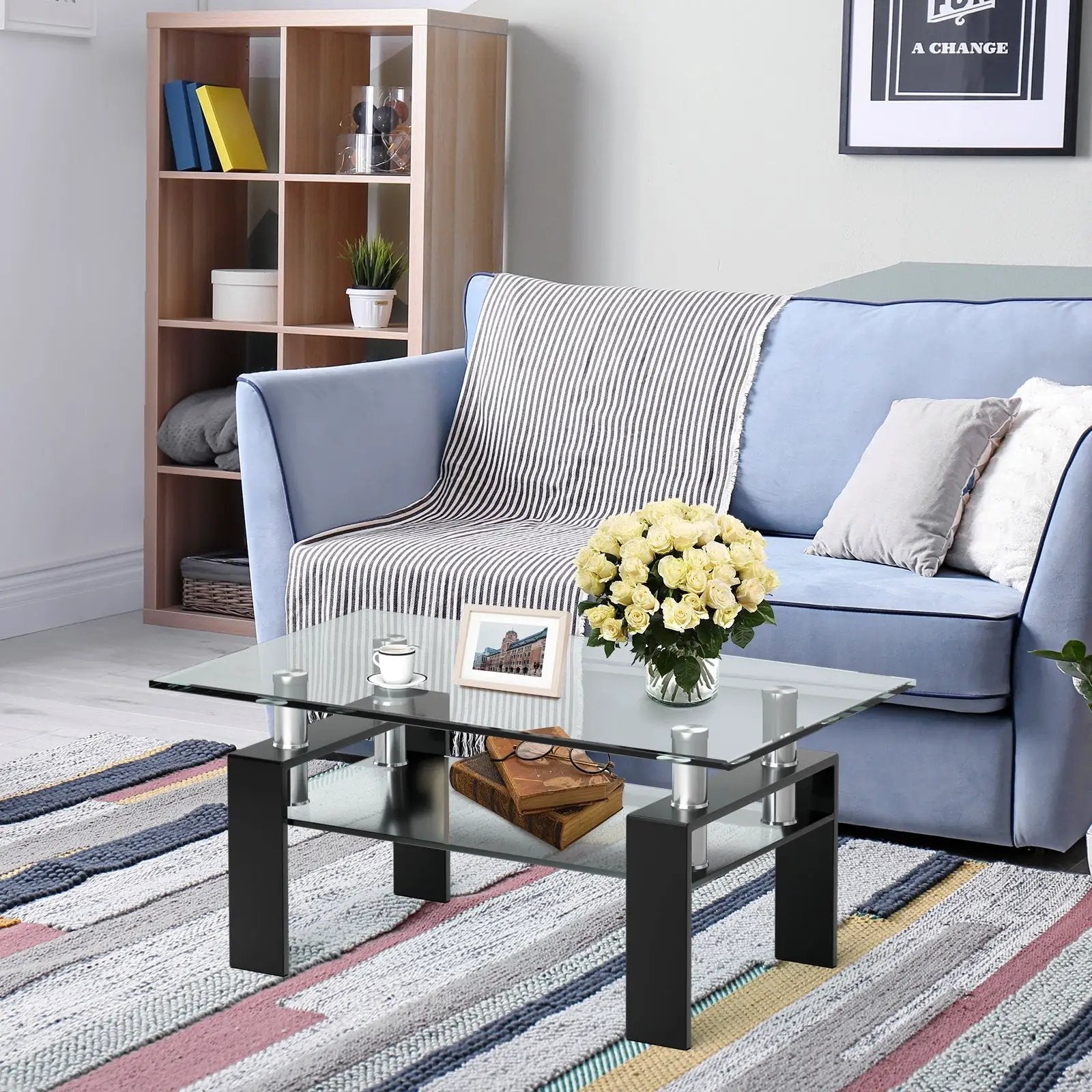 Rectangle Glass Coffee Table with Metal Legs for Living Room by DirectDeals