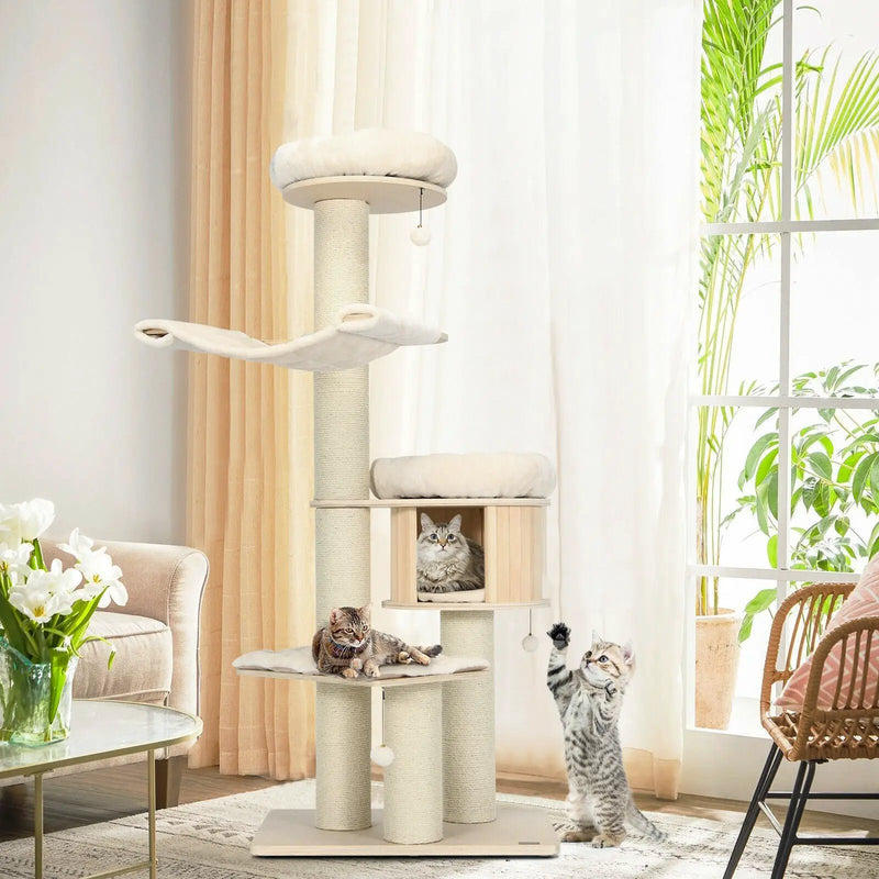 4-Layer 68.5-Inch Wooden Cat Tree Condo Activity Tower with Sisal Posts-Natural by DirectDeals