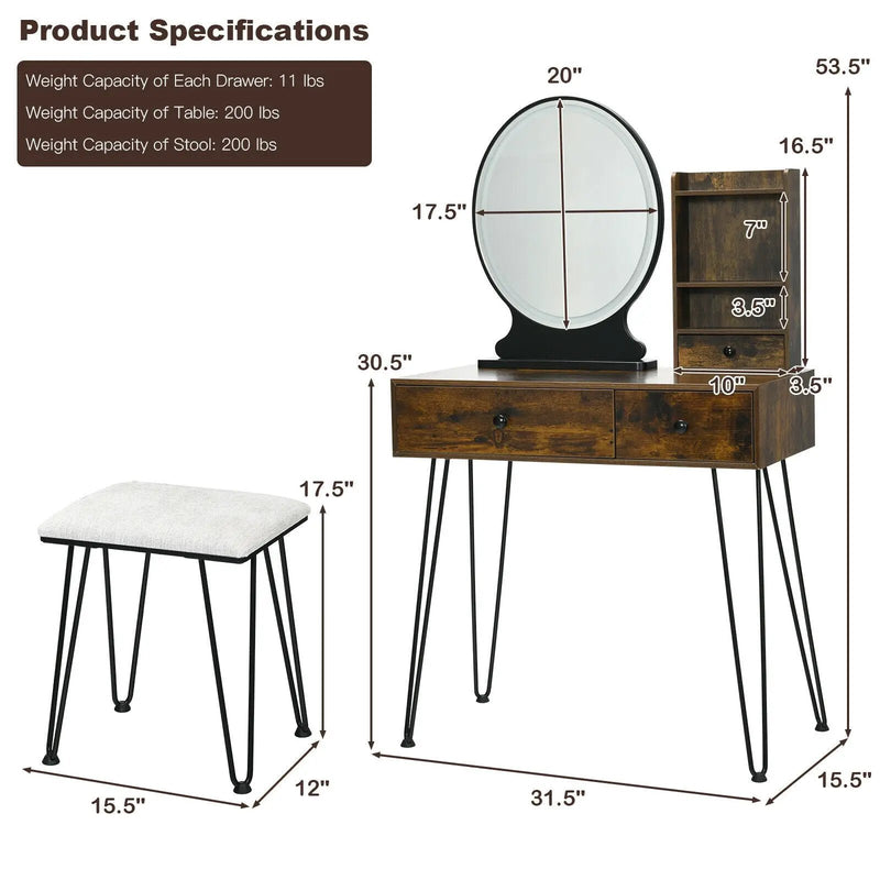 Vanity Table Set with Lighted Mirror and Cushion Stool-Brown by DirectDeals
