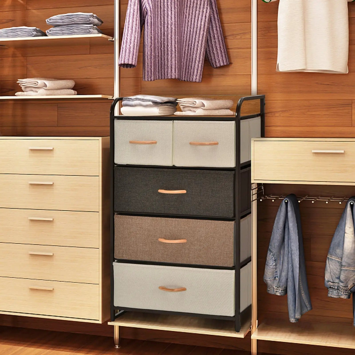 4-Tier Organizer Tower Steel Frame Wooden Top Storage with 5-Drawer Dresser by DirectDeals