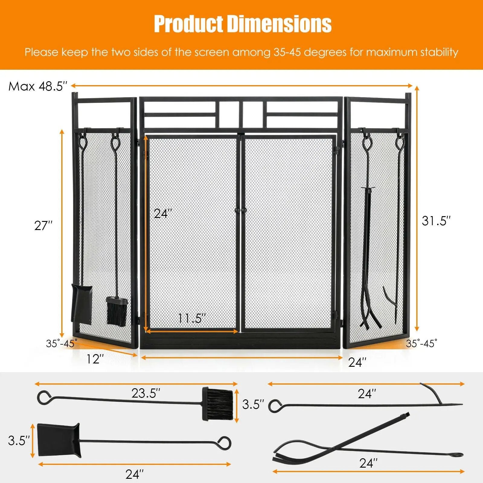 3-Panel Folding Wrought Iron Fireplace Screen with Doors and 4 Pieces Tools Set-Black by DirectDeals