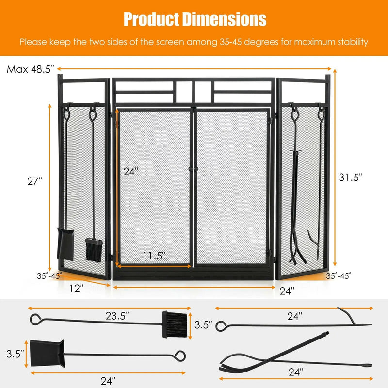 3-Panel Folding Wrought Iron Fireplace Screen with Doors and 4 Pieces Tools Set-Black by DirectDeals