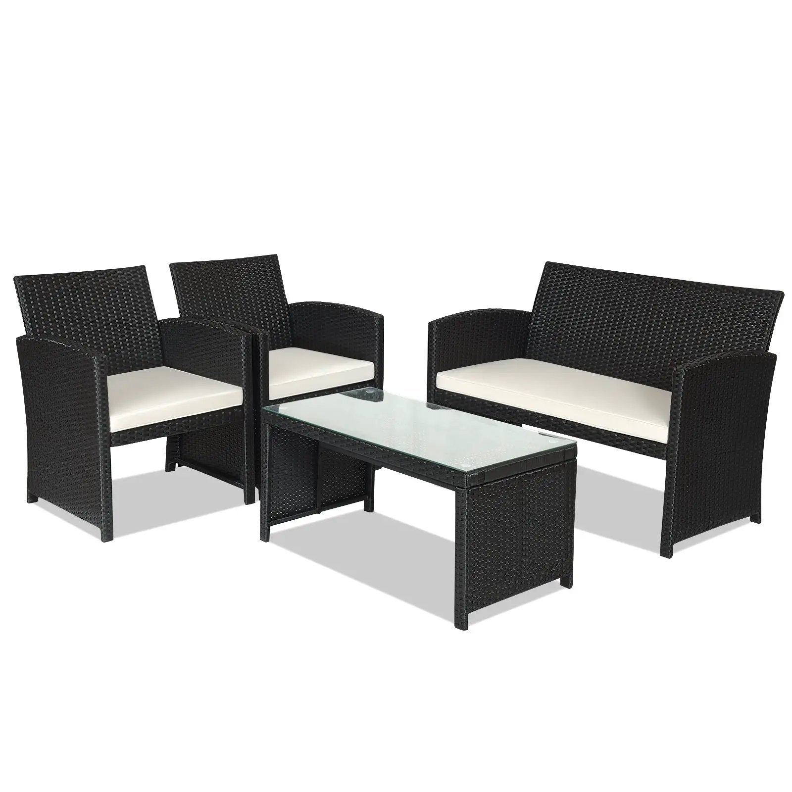 4 Pieces Rattan Patio Furniture Set with Weather Resistant Cushions and Tempered Glass Tabletop by DirectDeals