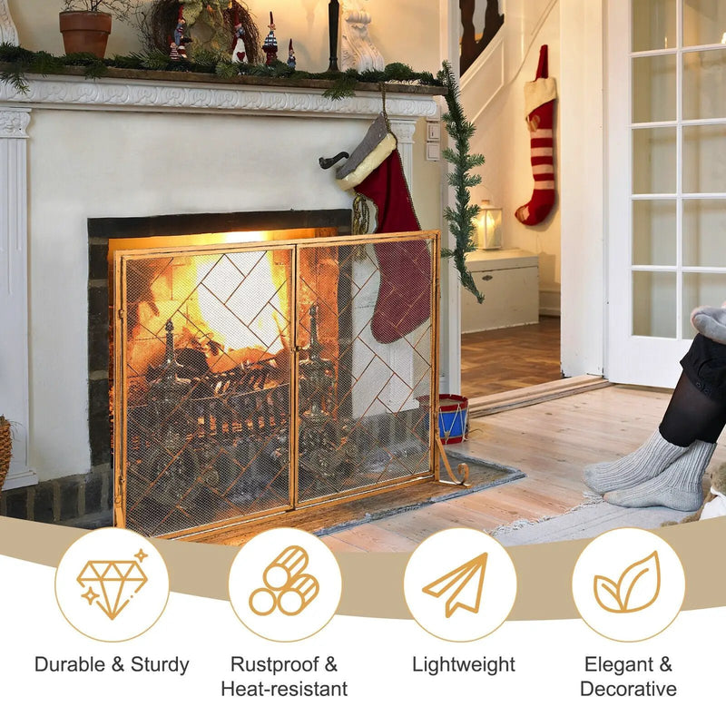 2-Panel Fireplace Screen Folding Metal Fire Place Safety Fence with Magnetic Doors by DirectDeals