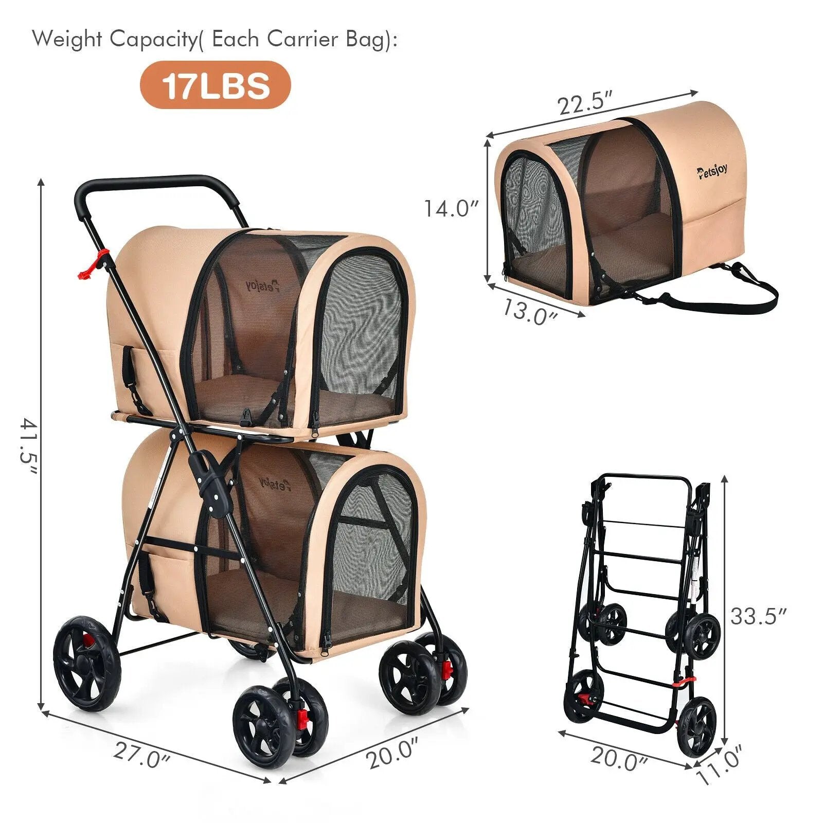 4-in-1 Double Pet Stroller with Detachable Carrier and Travel Carriage by DirectDeals