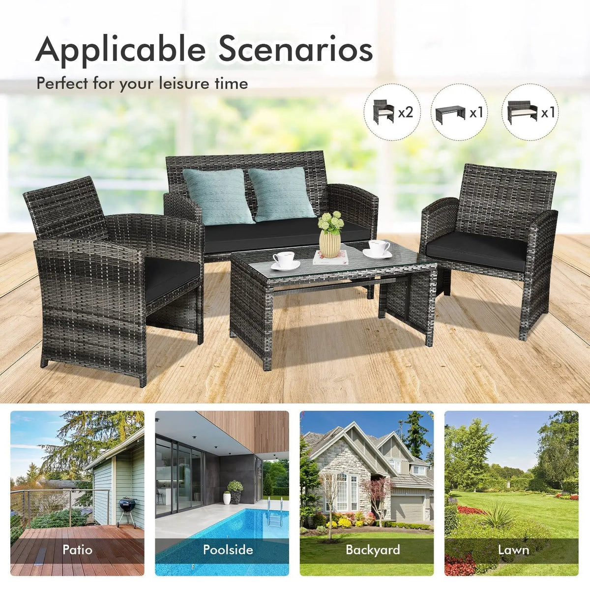 4 Pieces Patio Rattan Furniture Set with Glass Table and Loveseat-Gray by DirectDeals