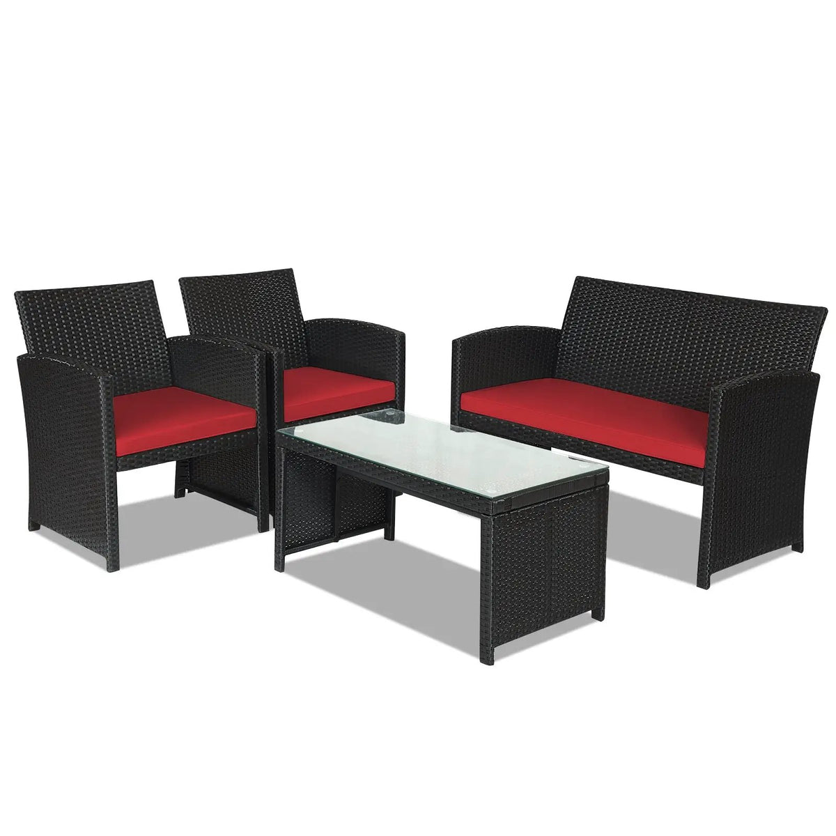 4 Pieces Rattan Patio Furniture Set with Weather Resistant Cushions and Tempered Glass Tabletop by DirectDeals