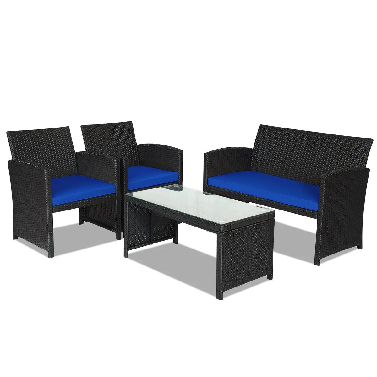 4 Pieces Rattan Patio Furniture Set with Weather Resistant Cushions and Tempered Glass Tabletop by DirectDeals