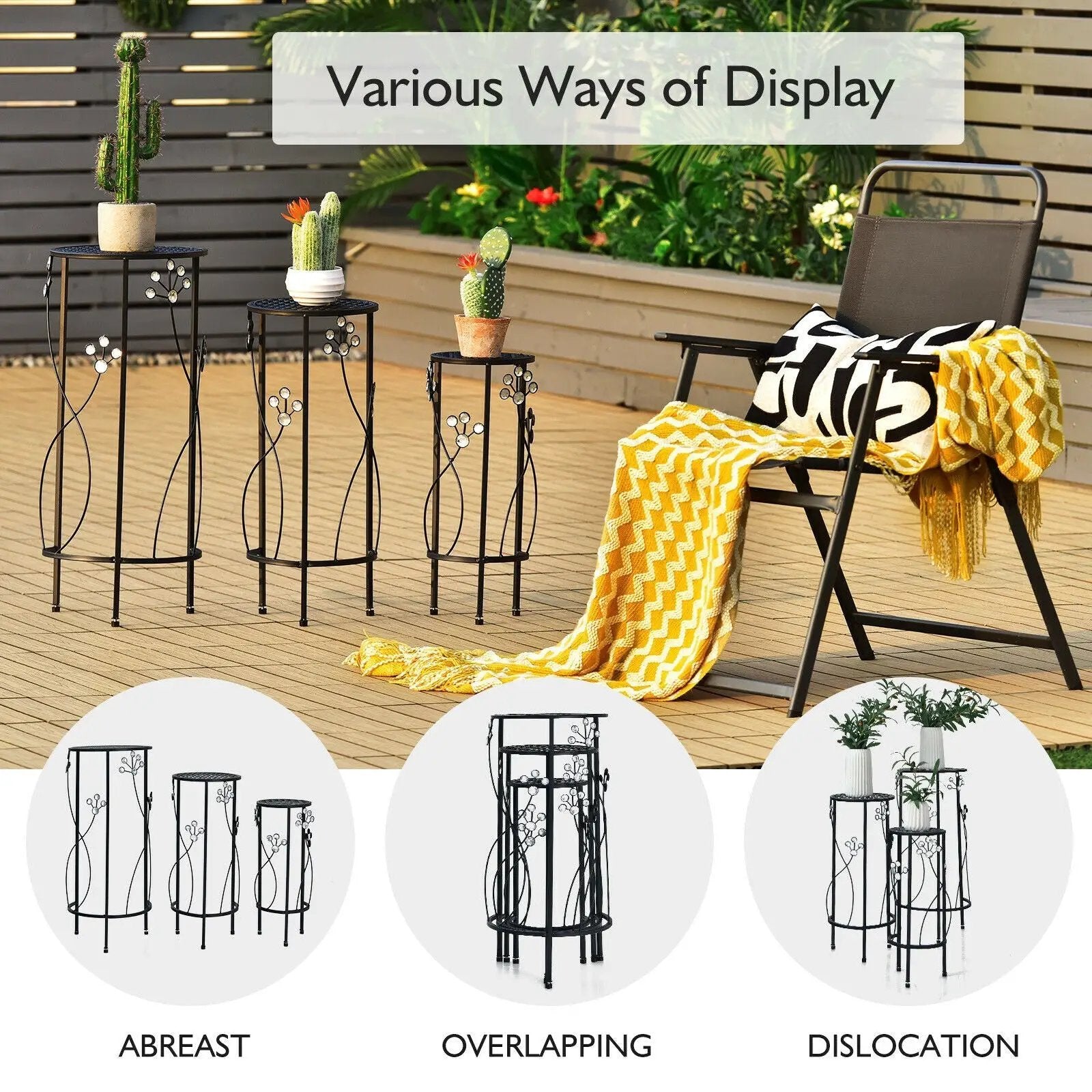 3 Pieces Metal Plant Stand Set with Crystal Floral Accents Round-Black by DirectDeals
