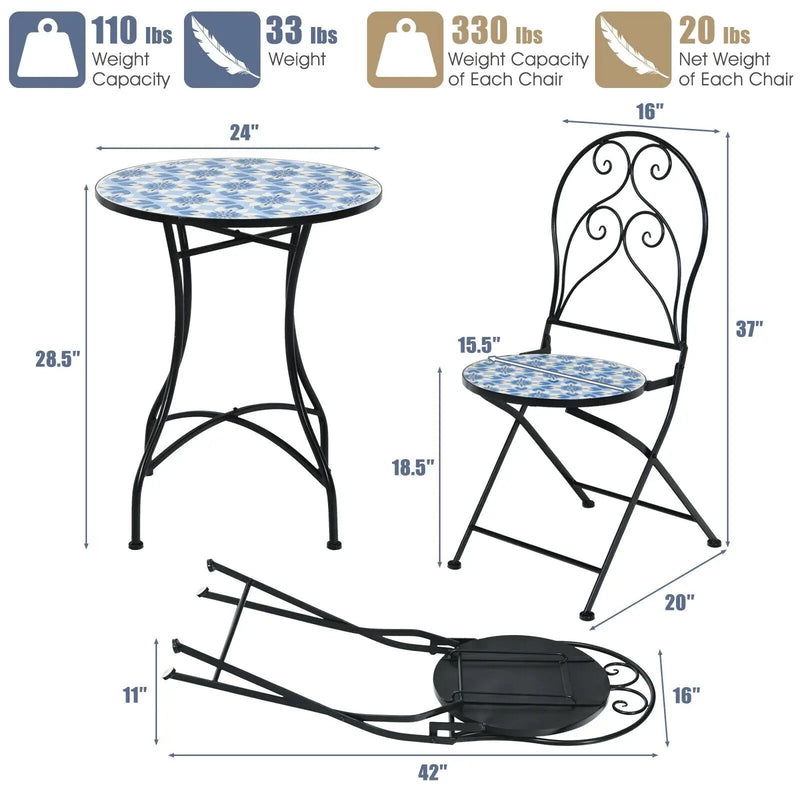 3 Pieces Patio Bistro Furniture Set with Mosaic Design by DirectDeals
