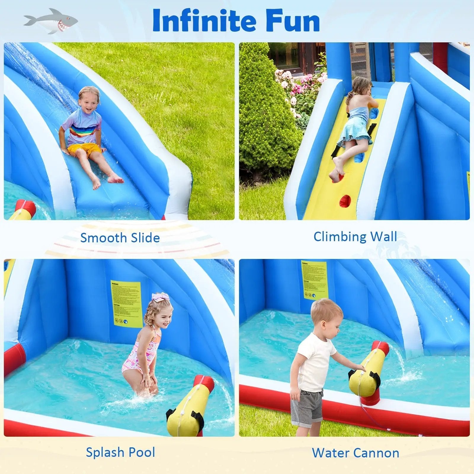 Inflatable Shark Bounce House with Water Slide and Climbing Wall without Blower by DirectDeals