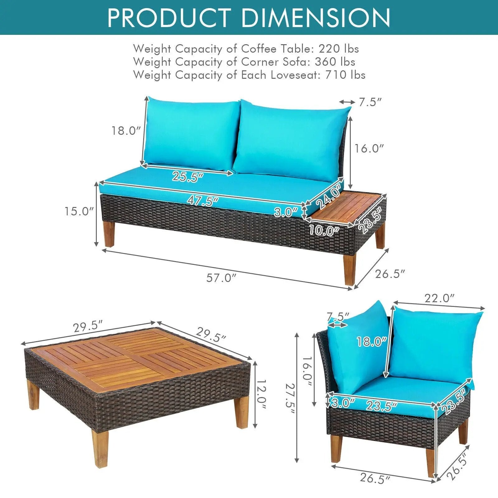 4 Pieces Patio Cushioned Rattan Furniture Set with Wooden Side Table by DirectDeals