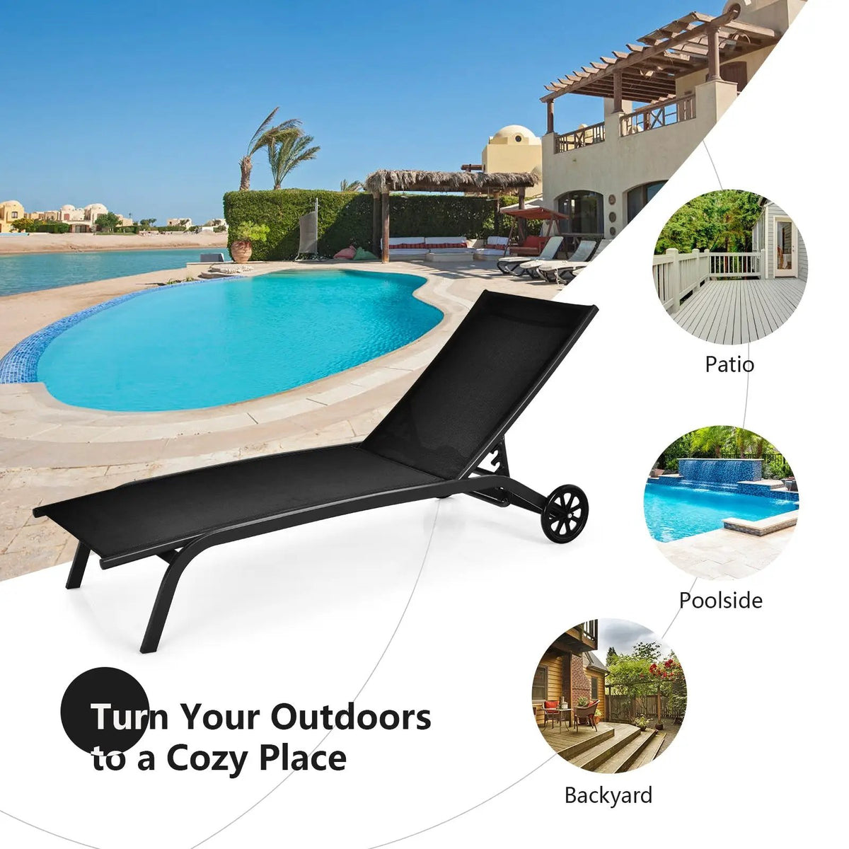 6-Poisition Adjustable Outdoor Chaise Recliner with Wheels by DirectDeals