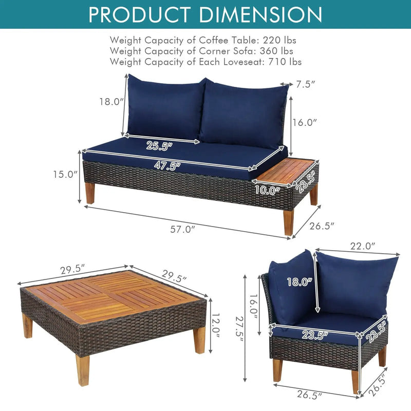 4 Pieces Patio Cushioned Rattan Furniture Set with Wooden Side Table by DirectDeals