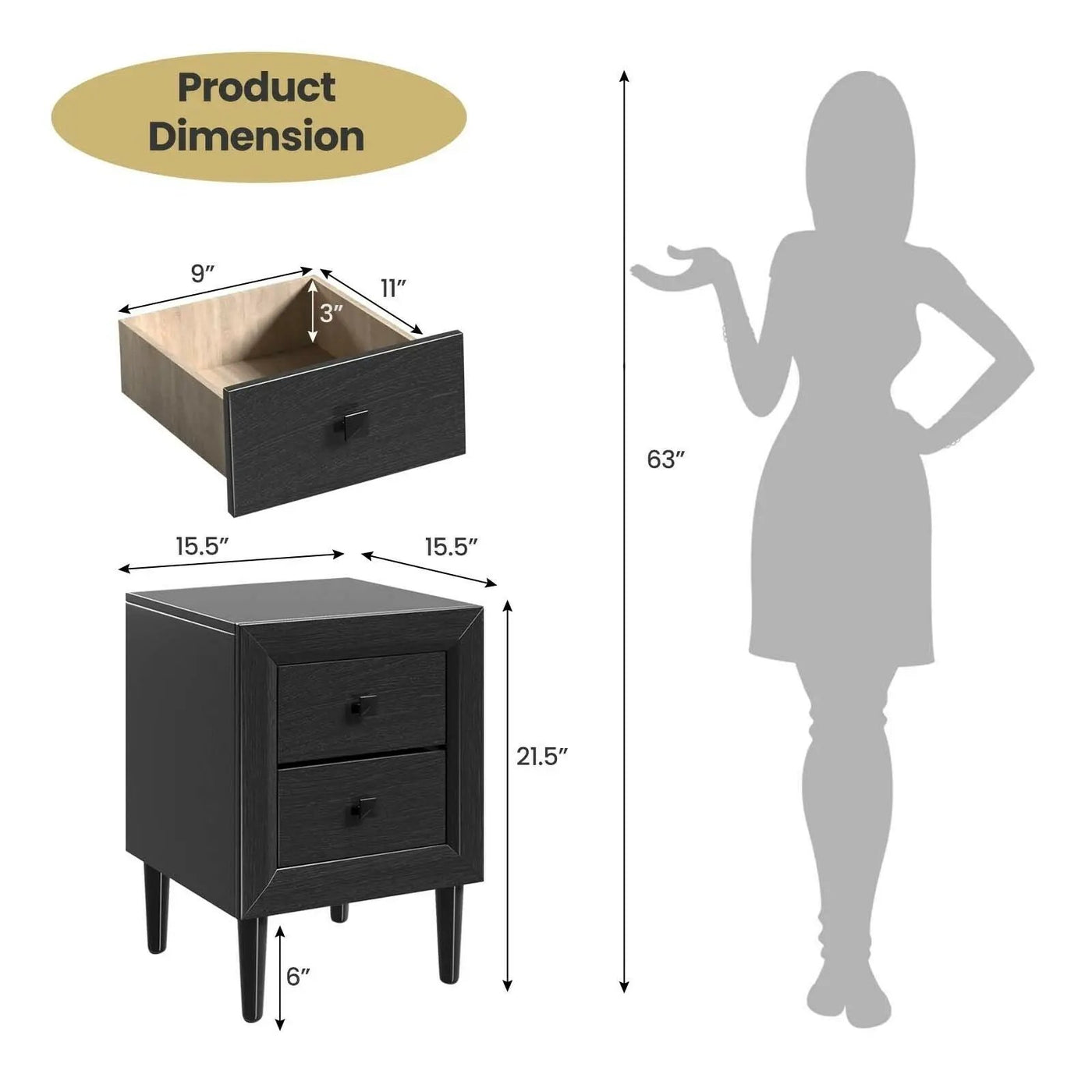 2PCS Nightstand W/2 Drawer Multipurpose by DirectDeals