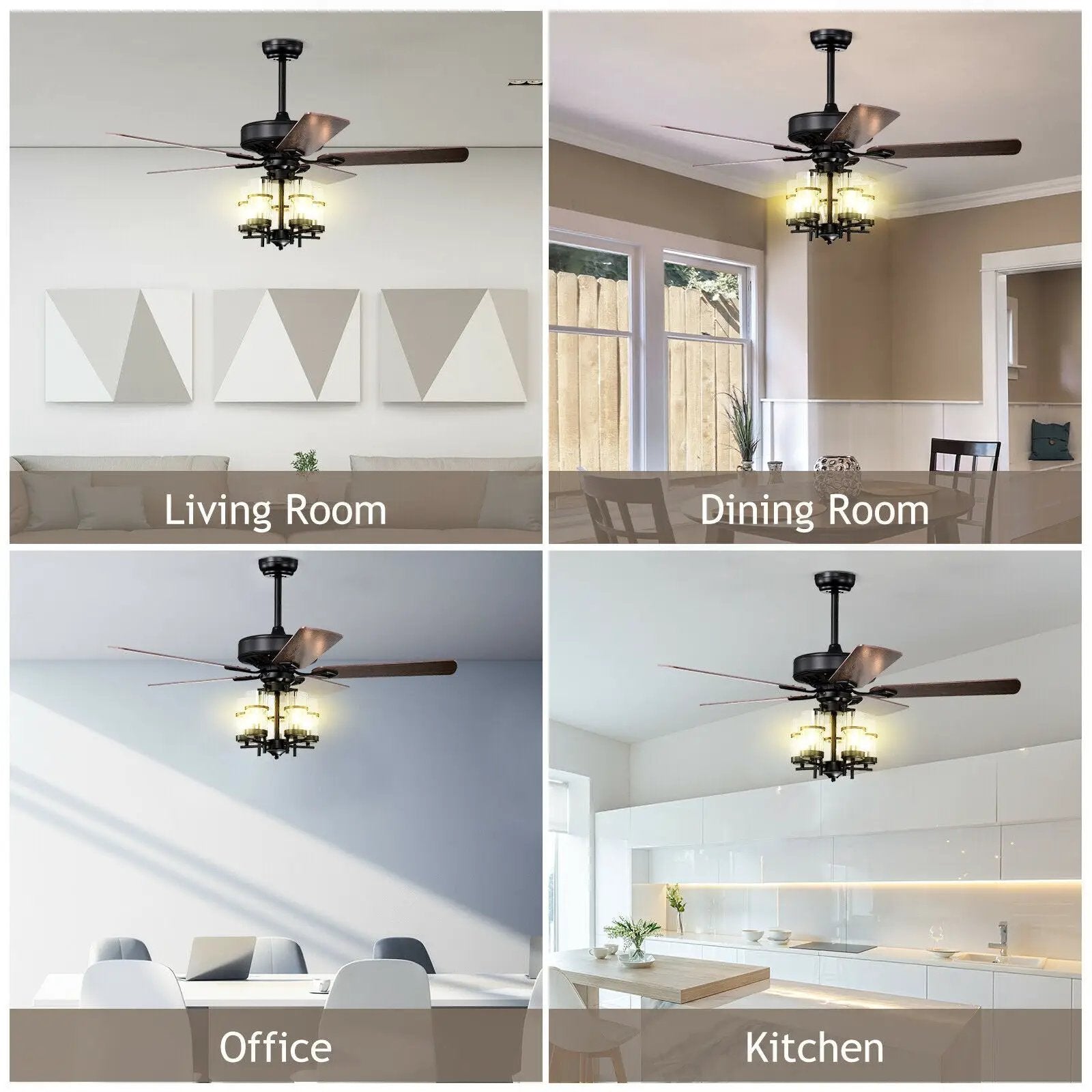 50 Inch Noiseless Ceiling Fan Light with Explosion-proof Glass Lampshades-Black by DirectDeals