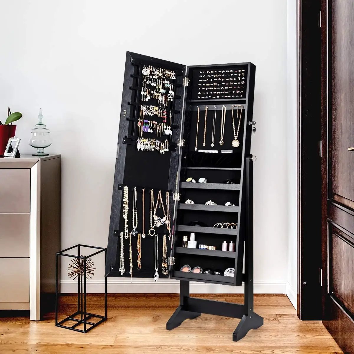 Jewelry Cabinet Stand Mirror Armoire with Large Storage Box by DirectDeals