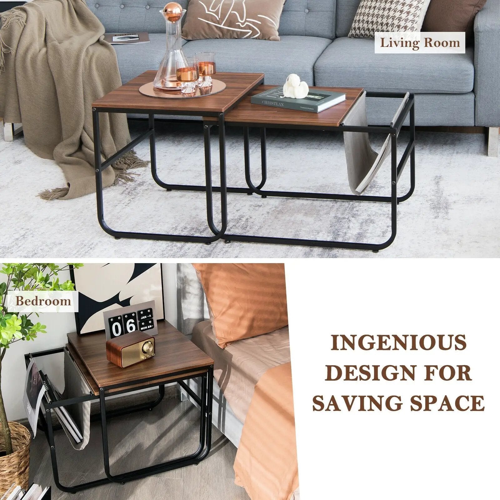 Set of 2 Nesting Coffee Tables with Side Pocket for Living Room Bedroom-Rustic Brown by DirectDeals