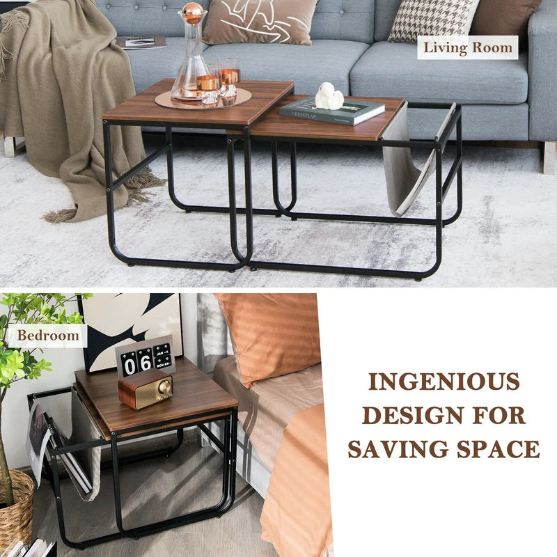 Set of 2 Nesting Coffee Tables with Side Pocket for Living Room Bedroom-Rustic Brown by DirectDeals