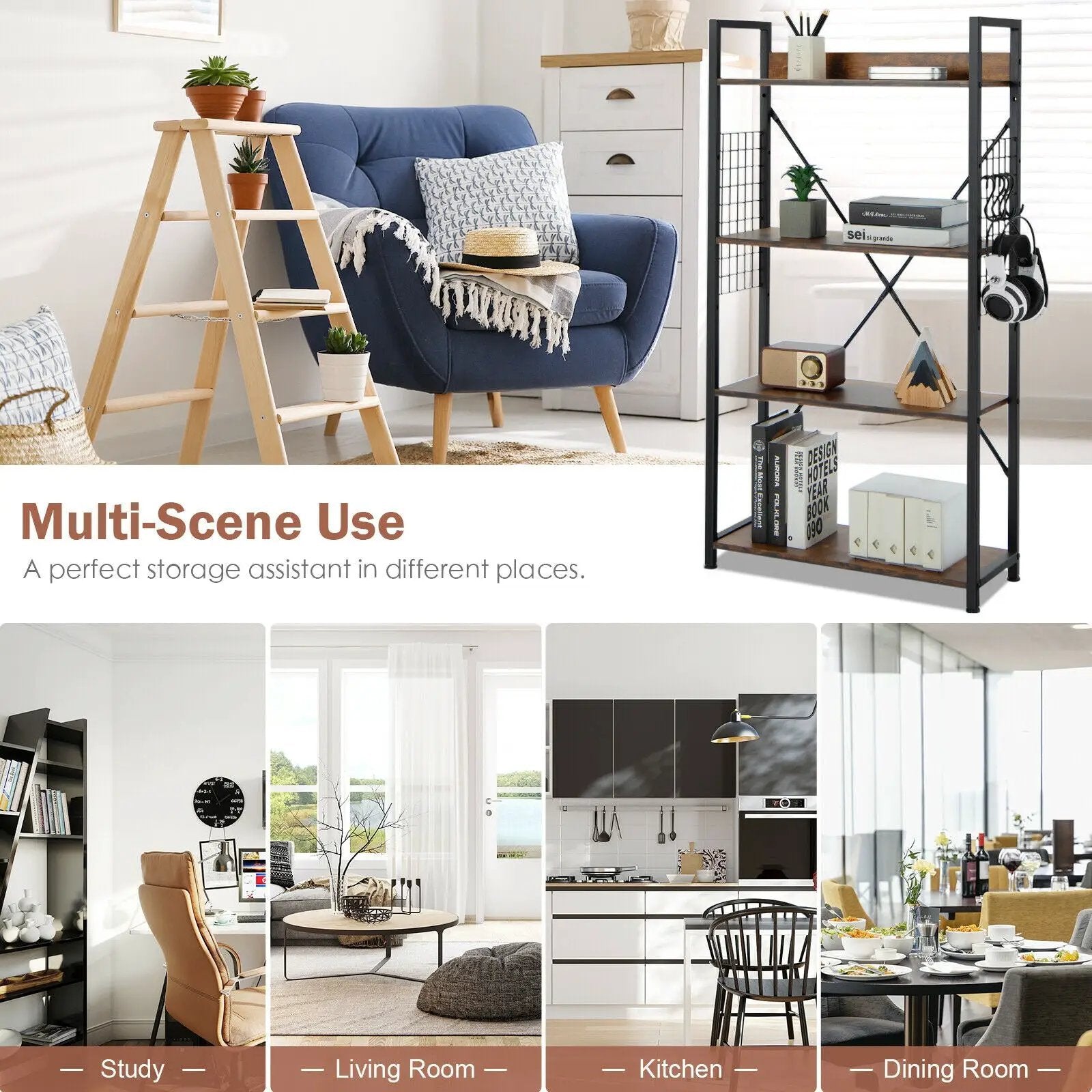 4 -Tier Industrial Open Storage Bookshelf-Coffee by DirectDeals