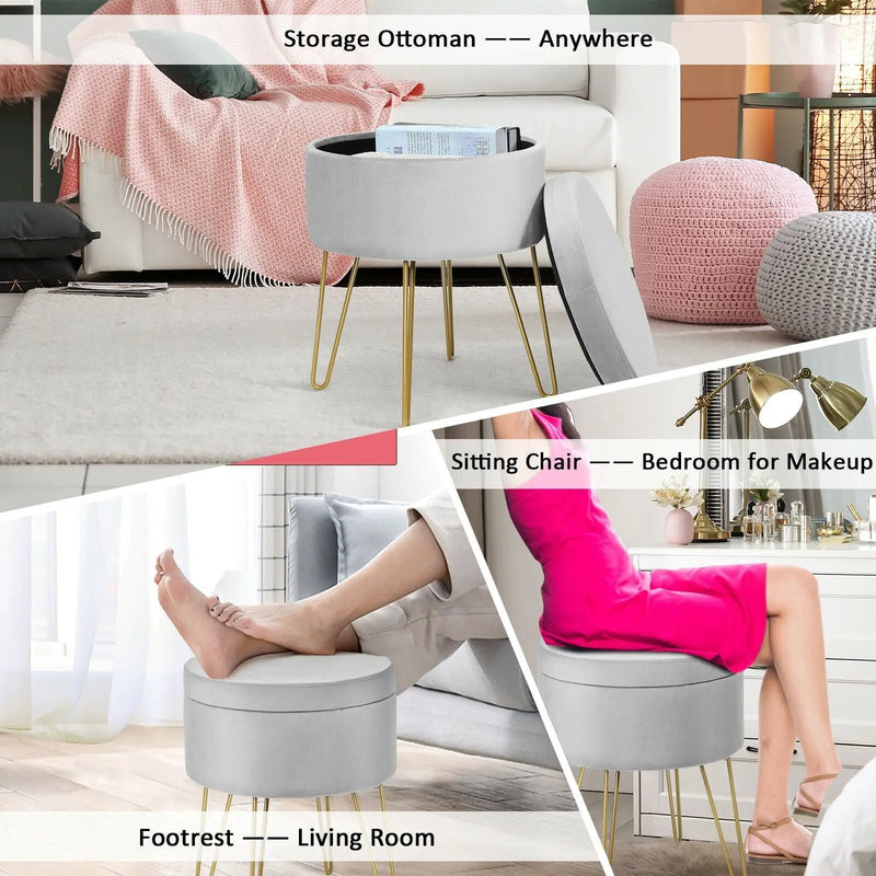 Round Velvet Storage Ottoman Footrest Stool Vanity Chair with Metal Legs by DirectDeals