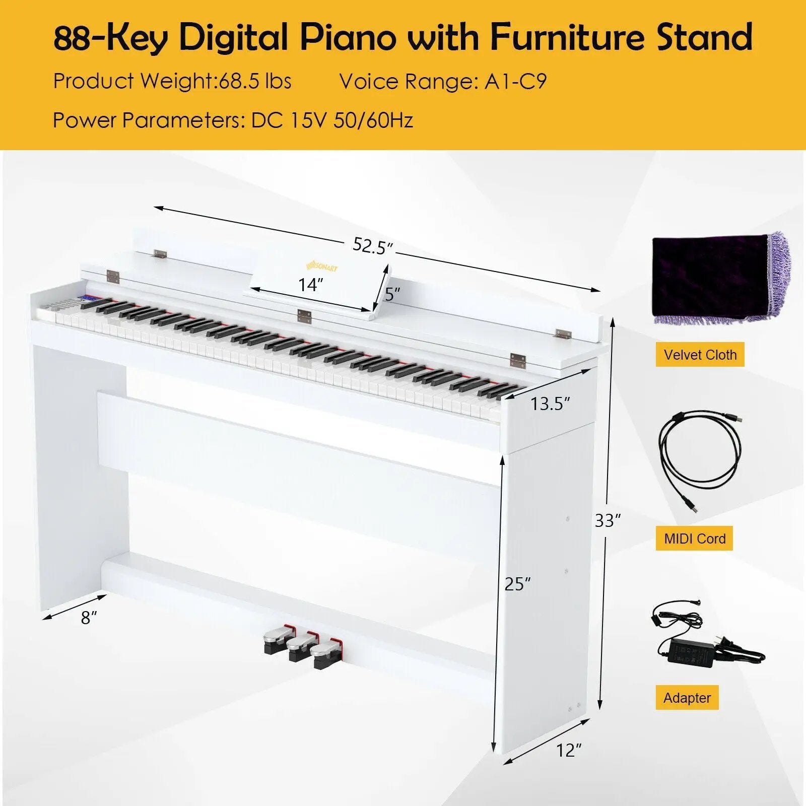 88 Key Full Size Electric Piano Keyboard with Stand 3 Pedals MIDI Function by DirectDeals