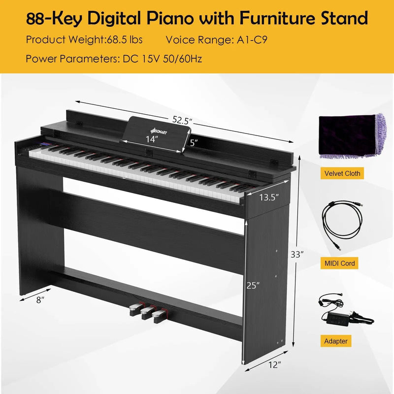 88 Key Full Size Electric Piano Keyboard with Stand 3 Pedals MIDI Function by DirectDeals