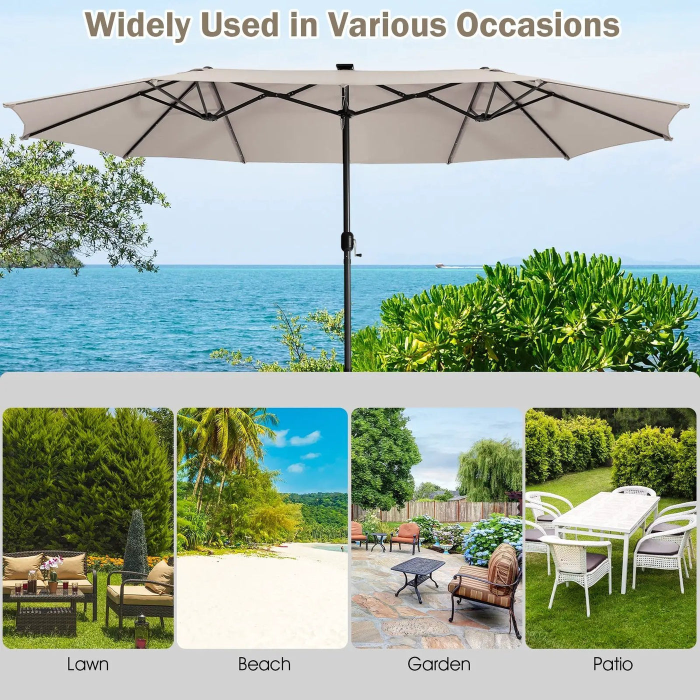15 Feet Twin Patio Umbrella with 48 Solar LED Lights by DirectDeals