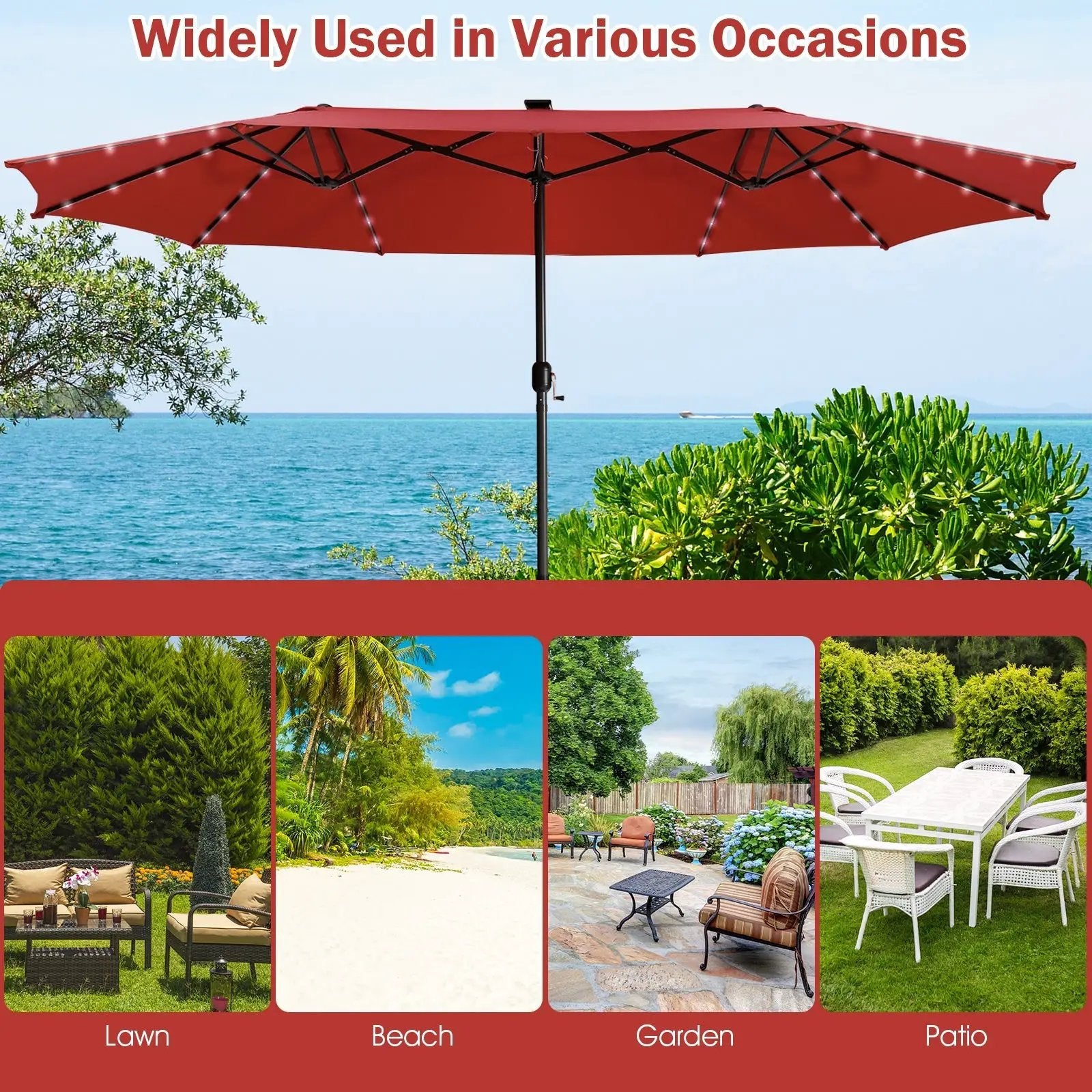 9 FT Solar LED Patio Umbrella Push-Button Tilt and Crank 24 LED Lights and 8 Ribs by DirectDeals