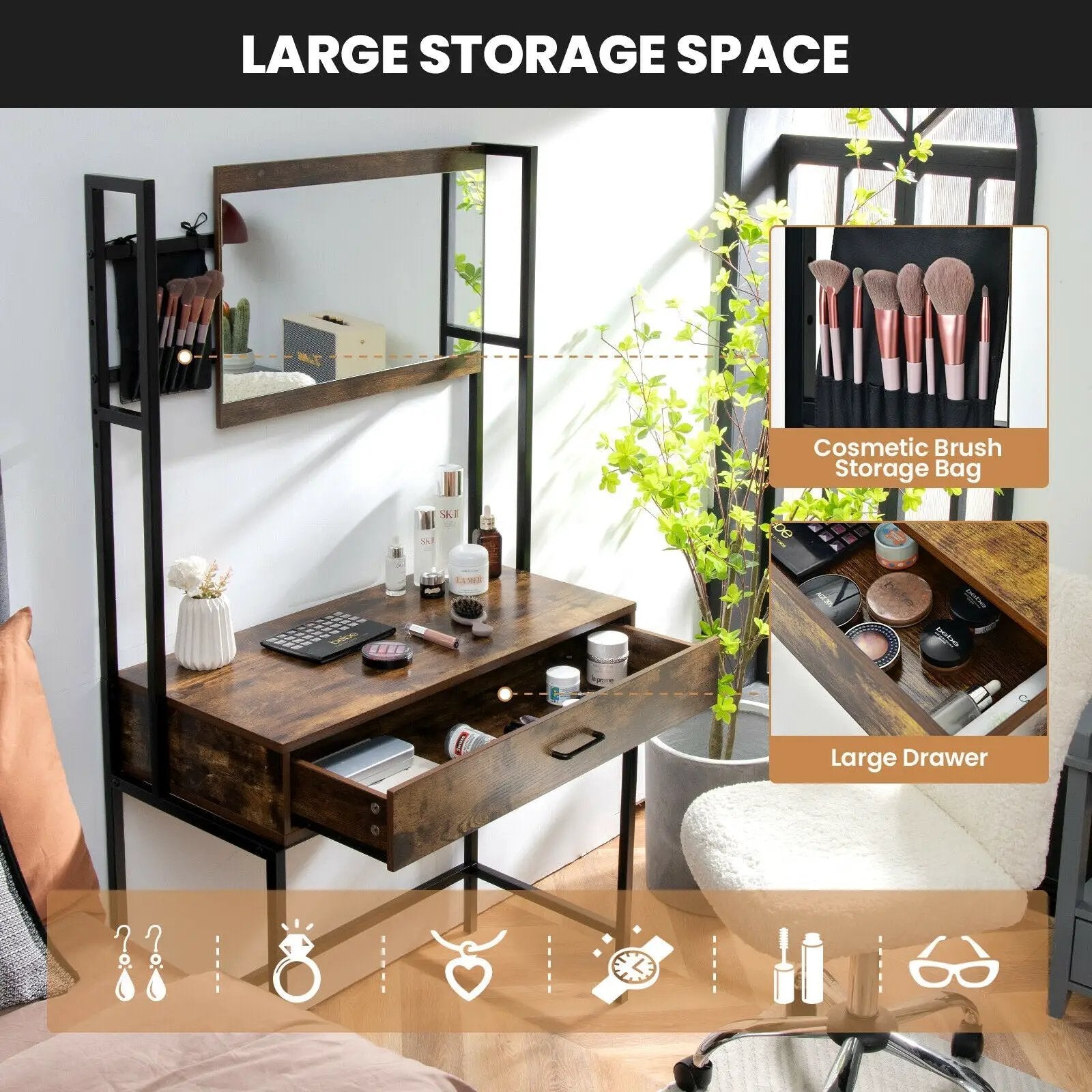 Industrial Vanity Table with 3-Height Adjustable Mirror Bag-Brown by DirectDeals