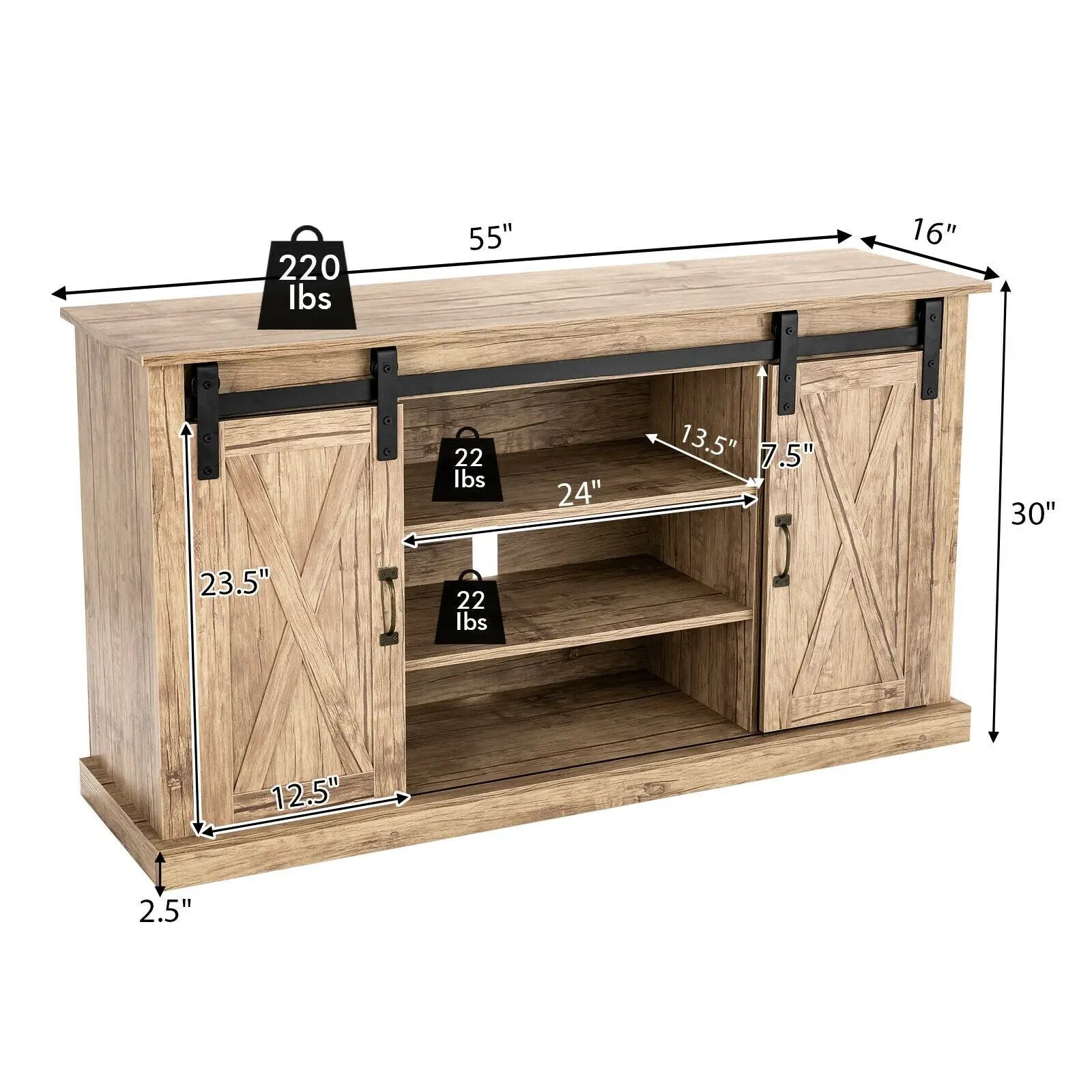 55 Inch Sliding Barn Door TV Stand with Adjustable Shelves for TVs up to 65 Inch-Natural by DirectDeals