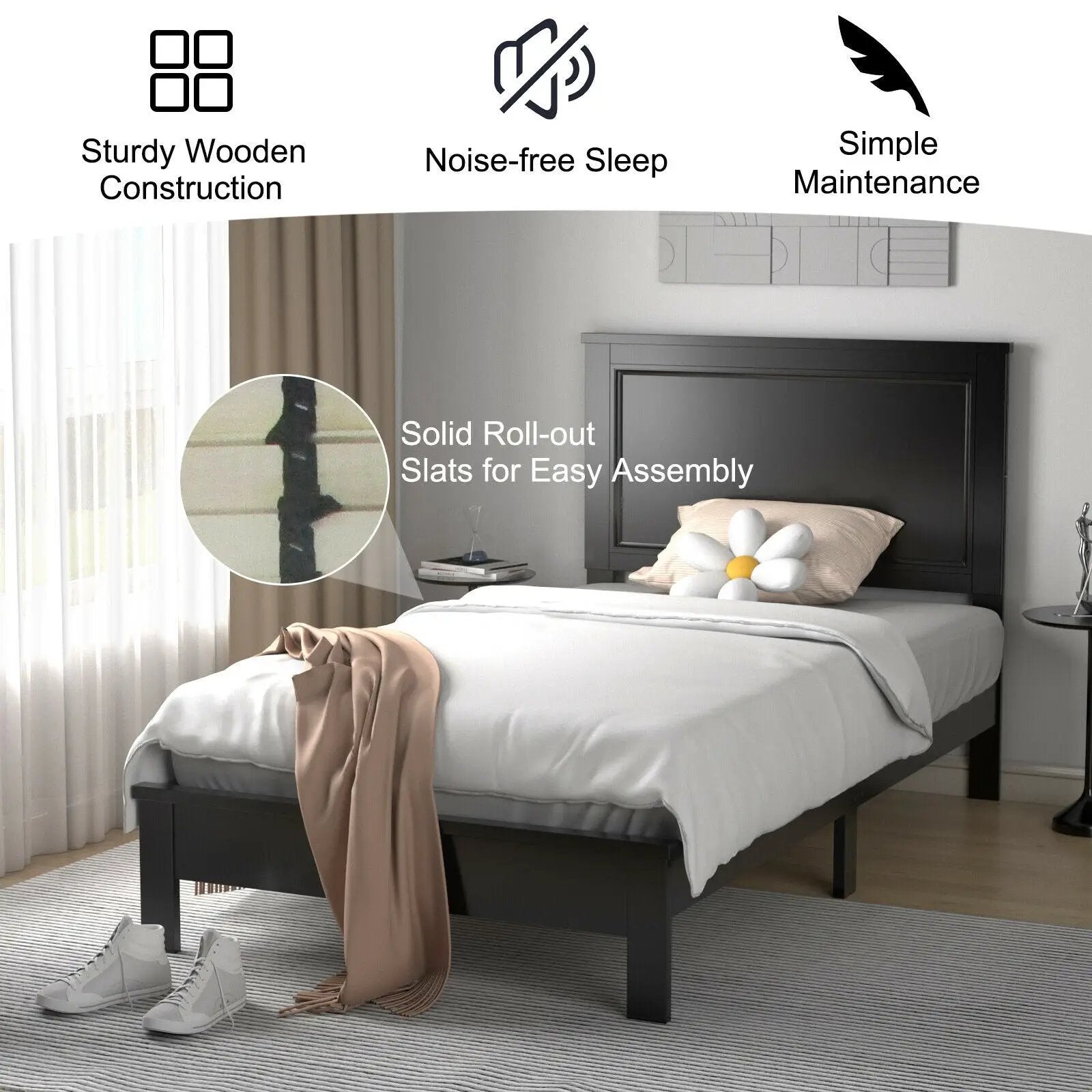 Twin Size Platform Bed Frame with Rubber Wood Leg-Black by DirectDeals