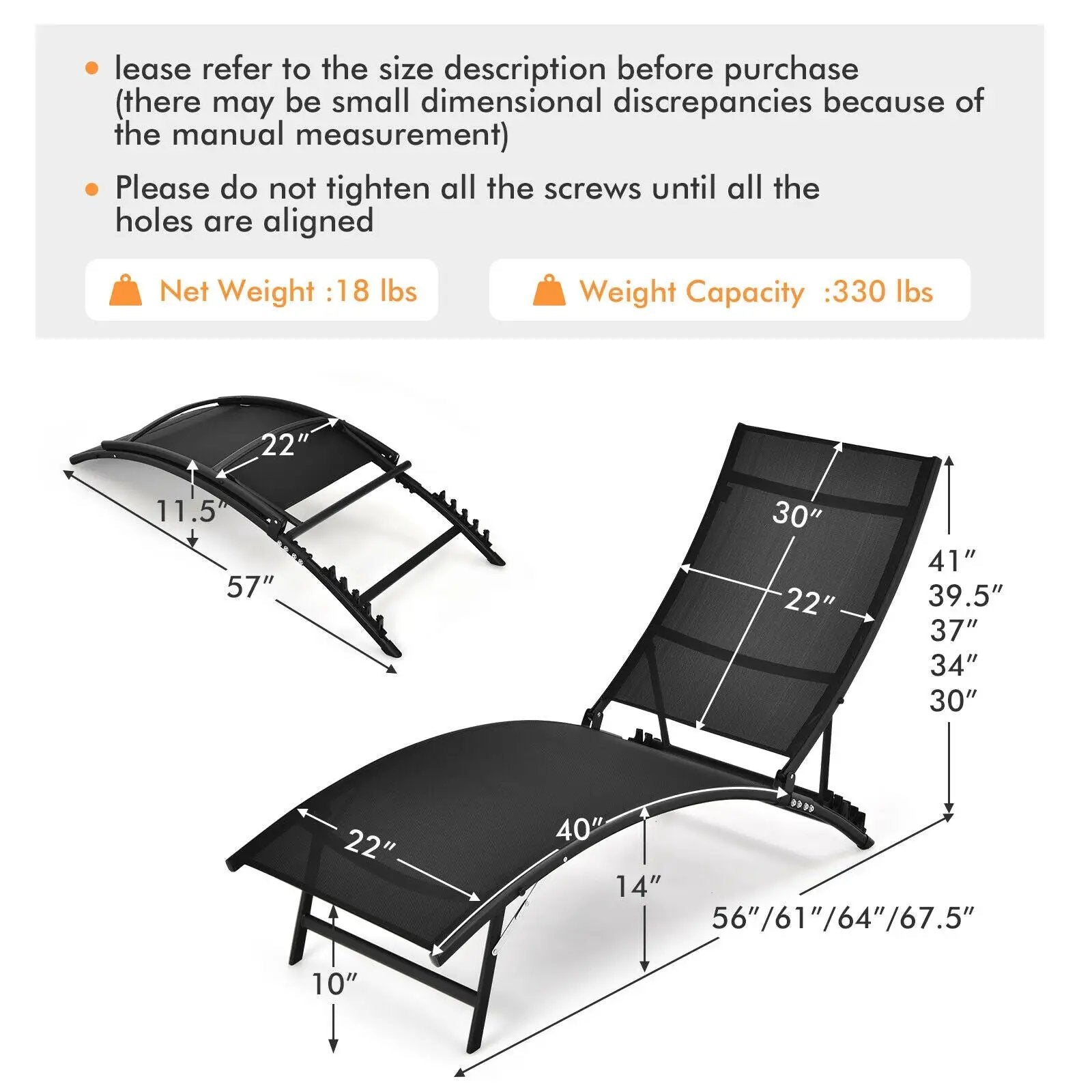 2 Pieces Patio Folding and Stackable Chaise Lounge Chair with 5-Position Adjustment-Black by DirectDeals