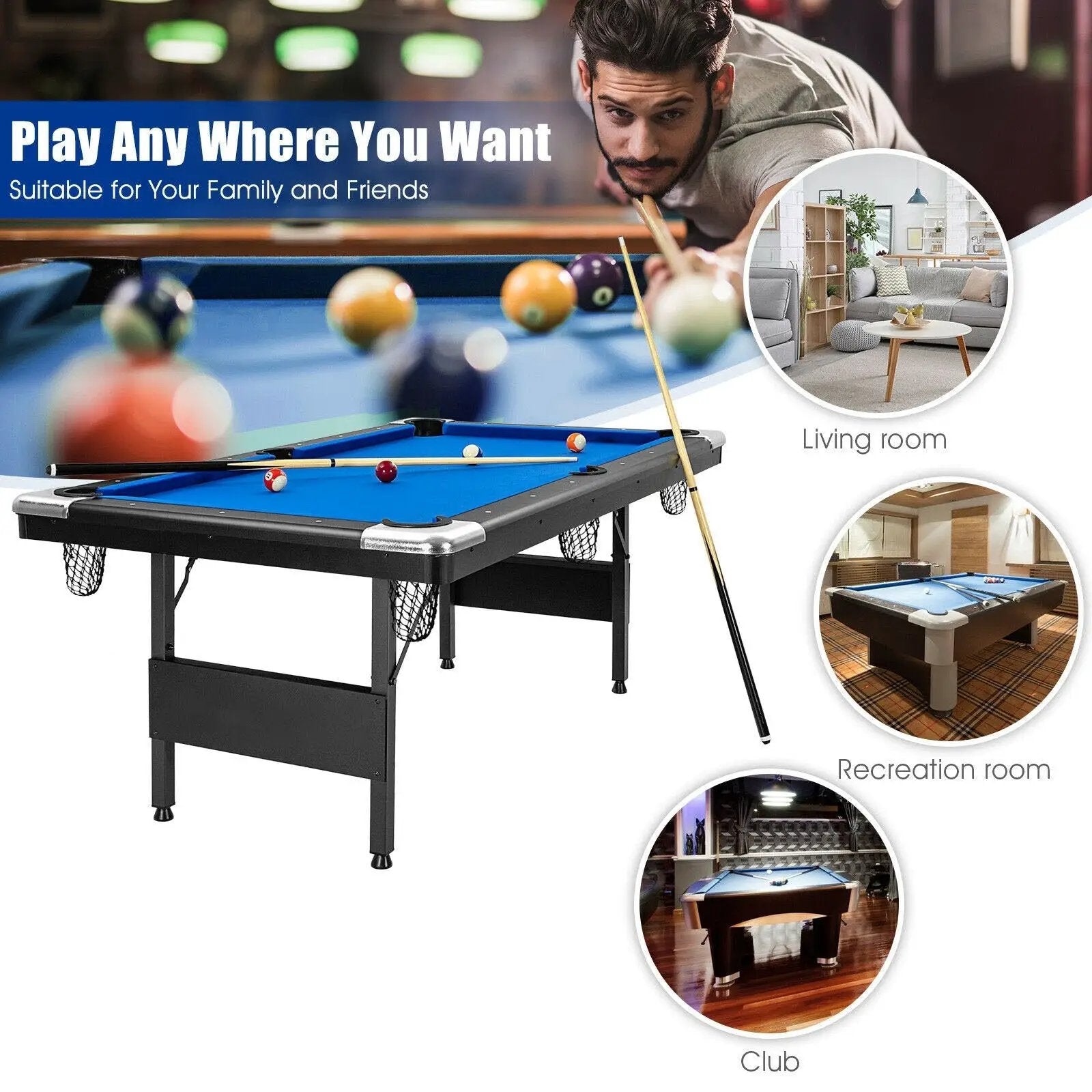 6 Feet Foldable Billiard Pool Table with Complete Set of Balls-Blue by DirectDeals