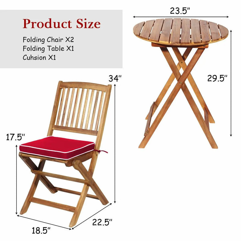 3 Pieces Patio Folding Bistro Set with Padded Cushion and Round Coffee Table-Red by DirectDeals