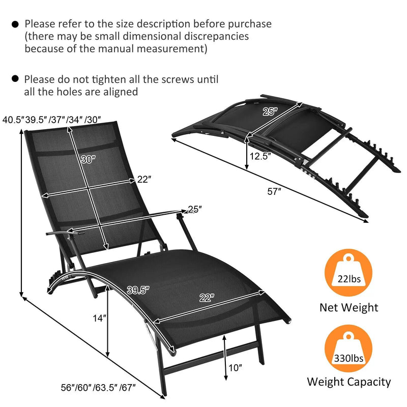 2 Pieces Patio Folding Stackable Lounge Chair Chaise with Armrest-Black by DirectDeals