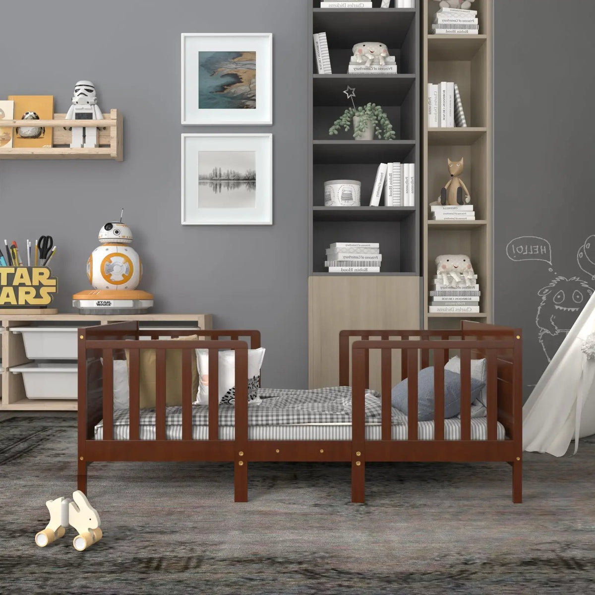2-in-1 Convertible Kids Wooden Bedroom Furniture with Guardrails by DirectDeals