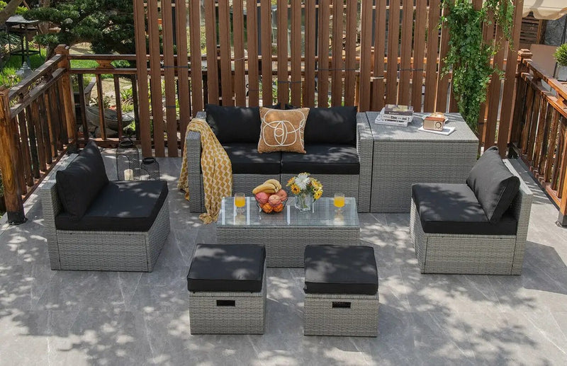 8 Pieces Patio Rattan Furniture Set with Storage Waterproof Cover and Cushion by DirectDeals