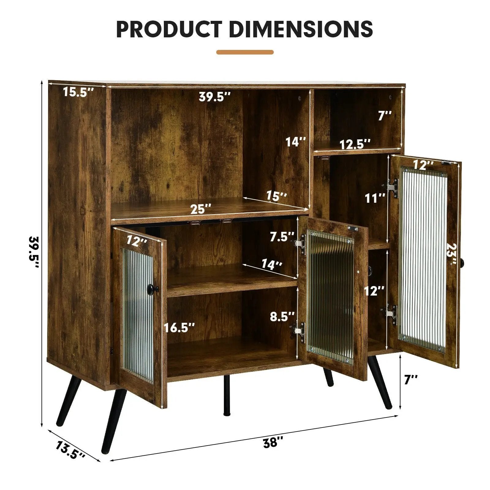 Buffet Kitchen Storage Cupboard with Glass Door and Adjustable Shelves-Rustic Brown by DirectDeals