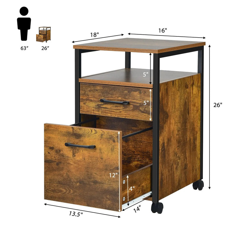 2 Drawer Mobile File Cabinet Printer Stand with Open Shelf for Letter Size-Rustic Brown by DirectDeals
