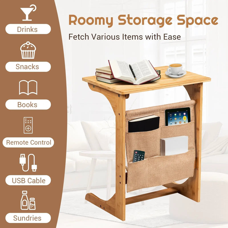 Bamboo Sofa Table End Table Bedside Table with Storage Bag by DirectDeals