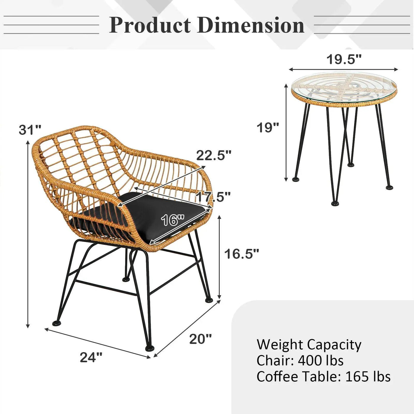 3 Pieces Rattan Furniture Set with Cushioned Chair Table by DirectDeals