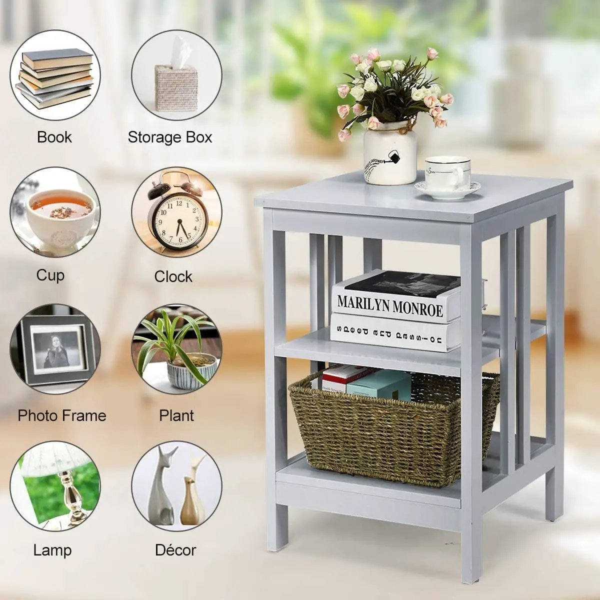 2 Pieces 3-Tier Nightstand with Reinforced Bars and Stable Structure by DirectDeals