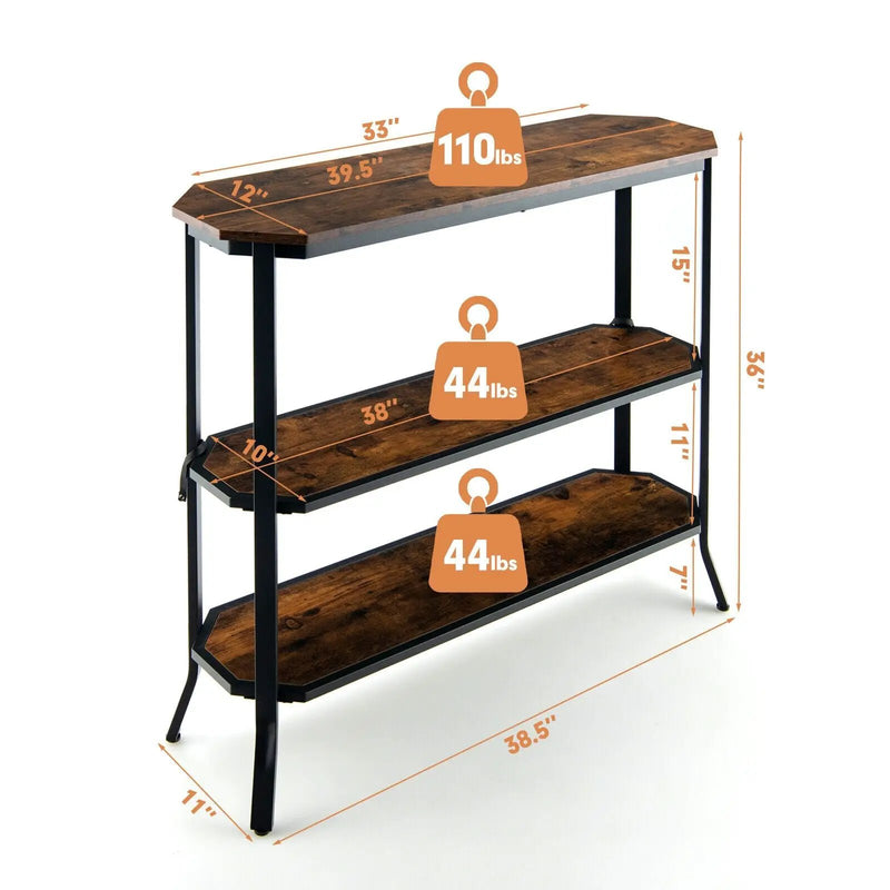 3-Tier Steel Frame Entryway Sofa Console Table for Hallway and Living Room-Rustic Brown by DirectDeals