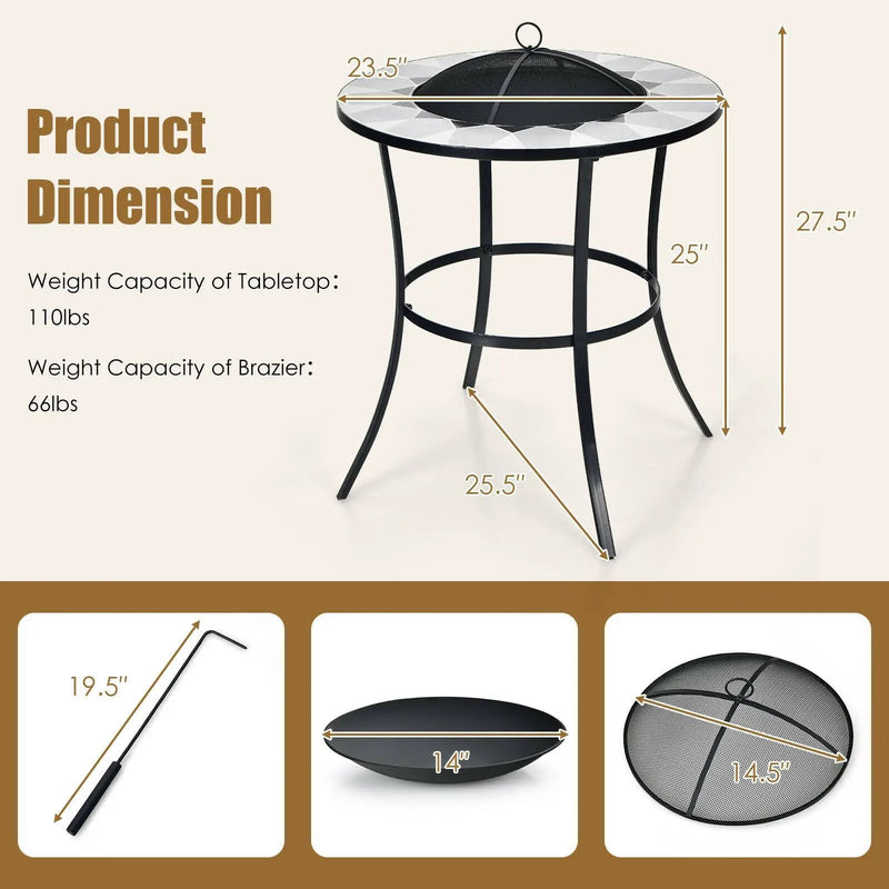 23.5 Inches Round Fire Pit Table with Mesh Cover and Fire Poker by DirectDeals