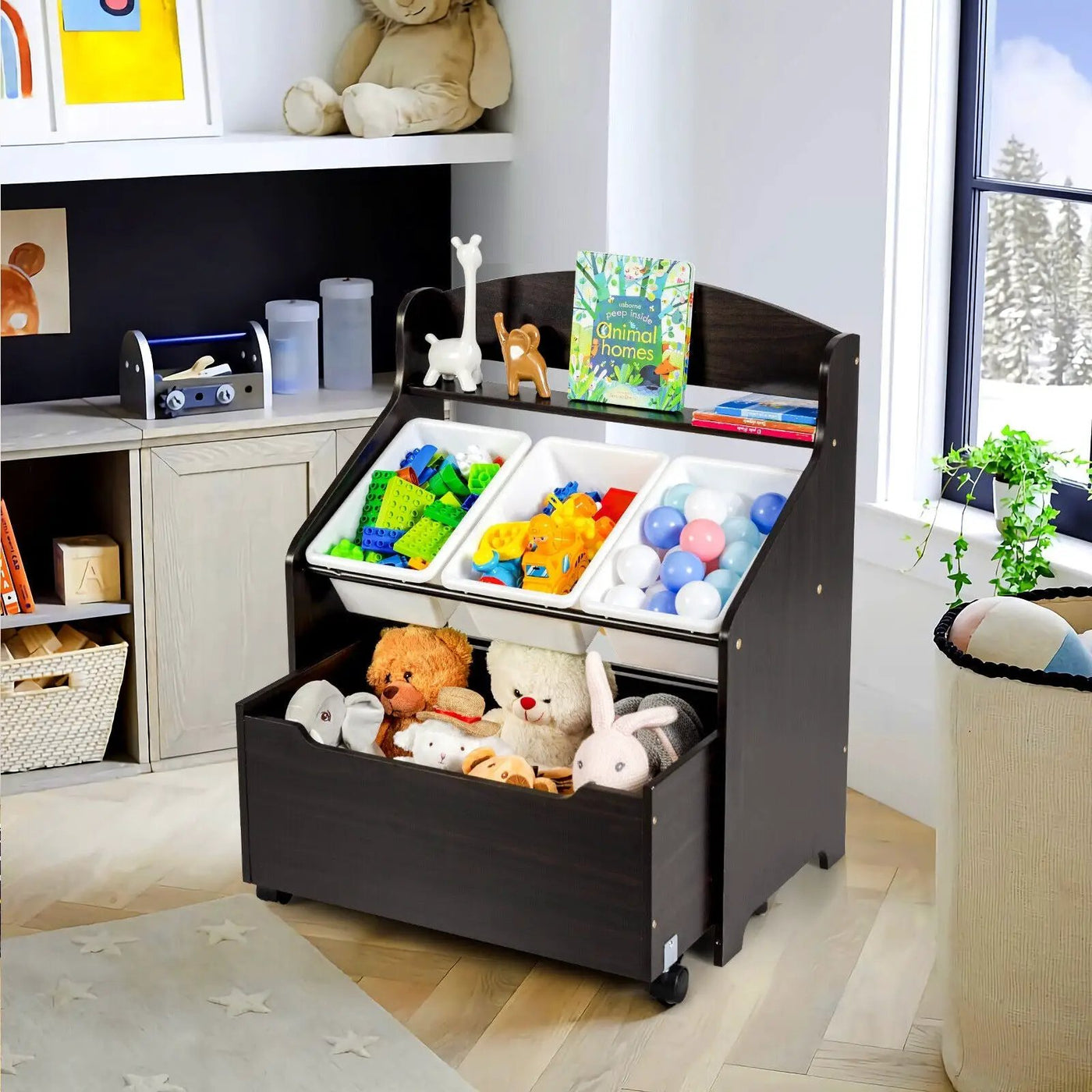 Kids Wooden Toy Storage Unit Organizer with Rolling Toy Box and Plastic Bins by DirectDeals