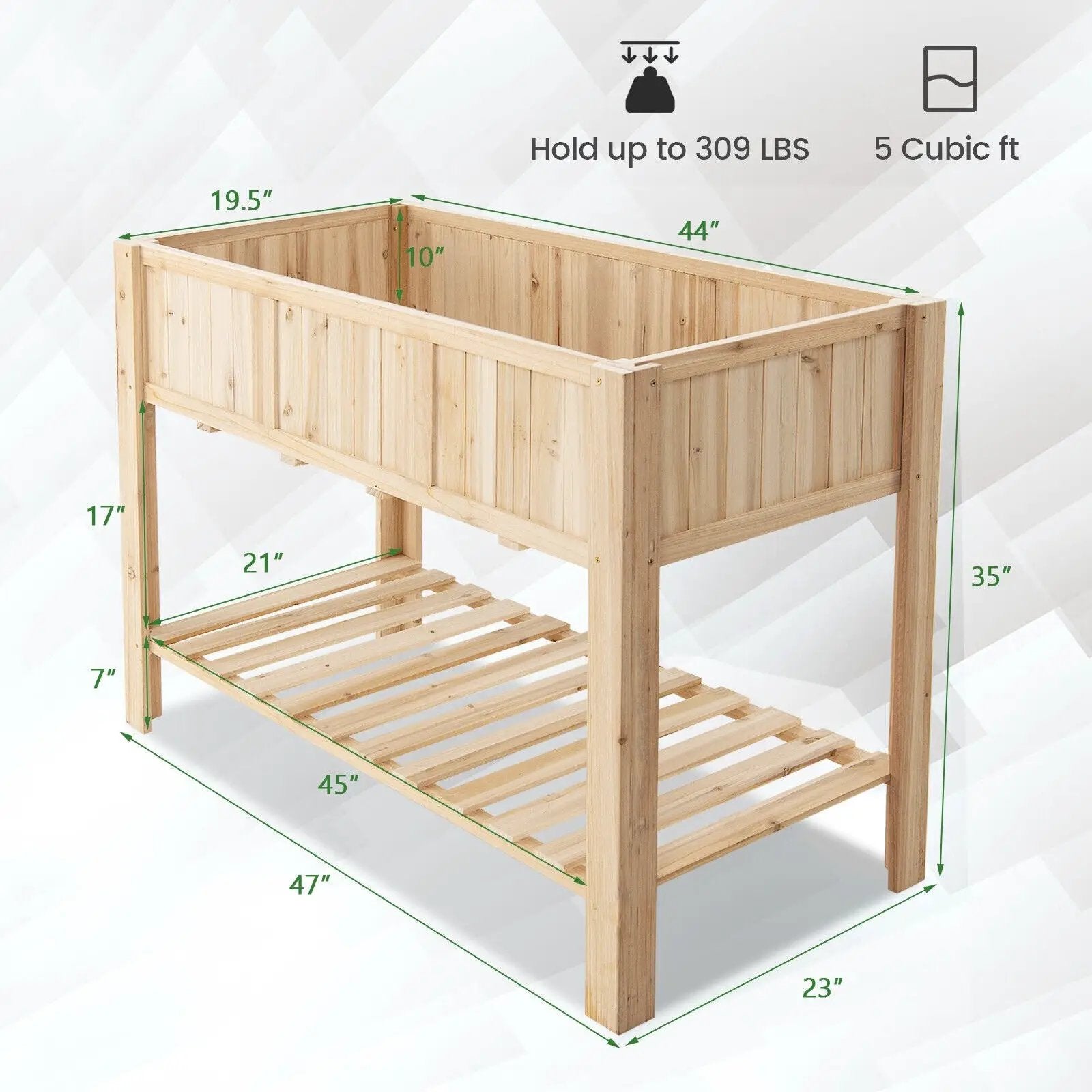 47 Inch Wooden Raised Garden Bed with Bottom Shelf and Bed Liner by DirectDeals
