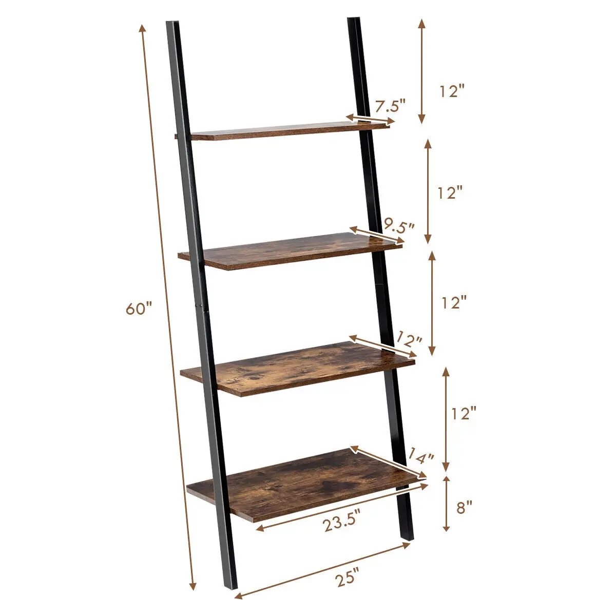 Multipurpose 4-Tier Industrial Leaning Wall Bookcase with Metal Frame by DirectDeals