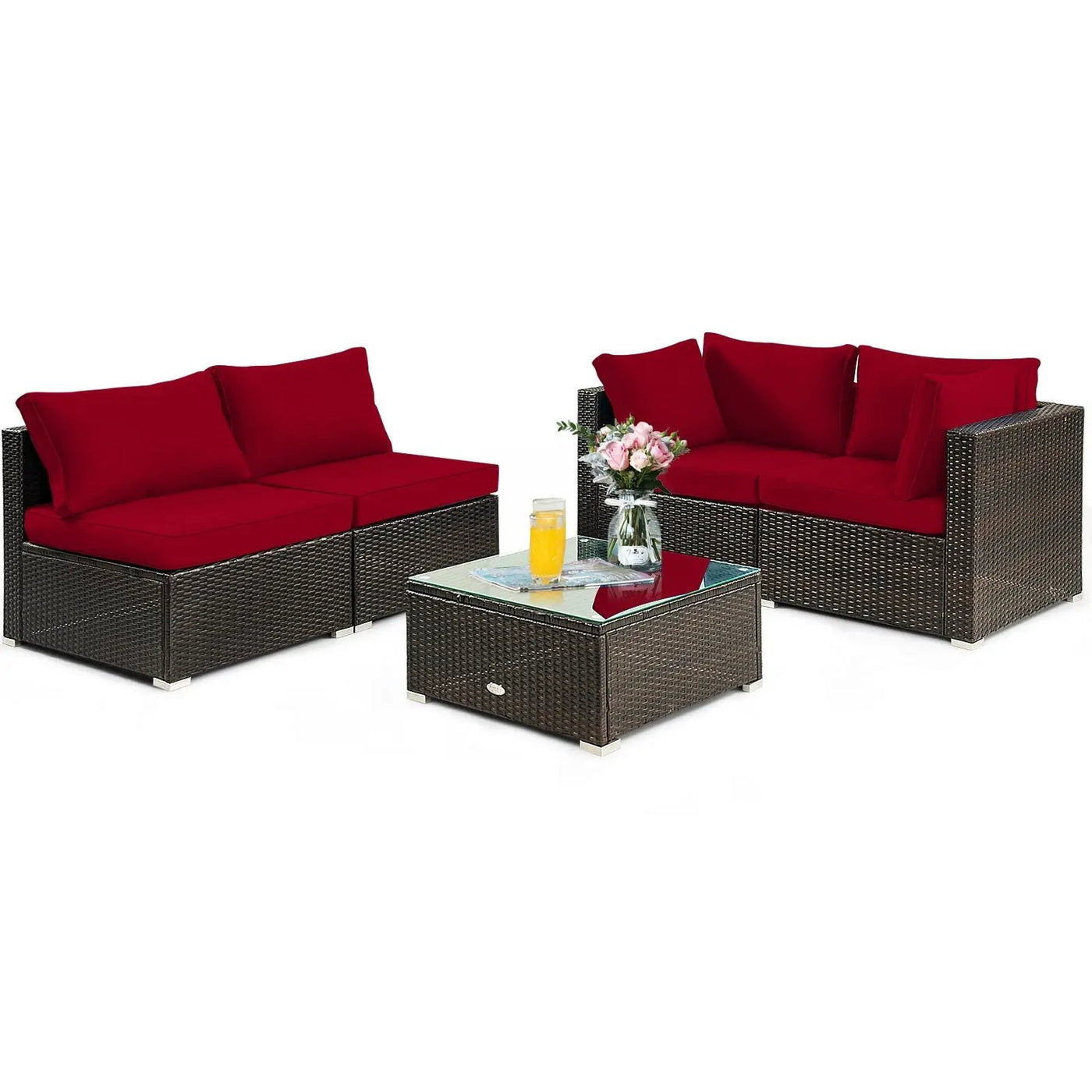 5 Pieces Cushioned Patio Rattan Furniture Set with Glass Table by DirectDeals