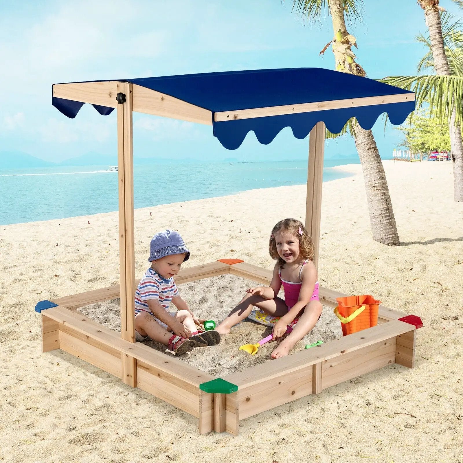 Kids Wooden Sandbox with Height Adjustable and Rotatable Canopy Outdoor Playset by DirectDeals